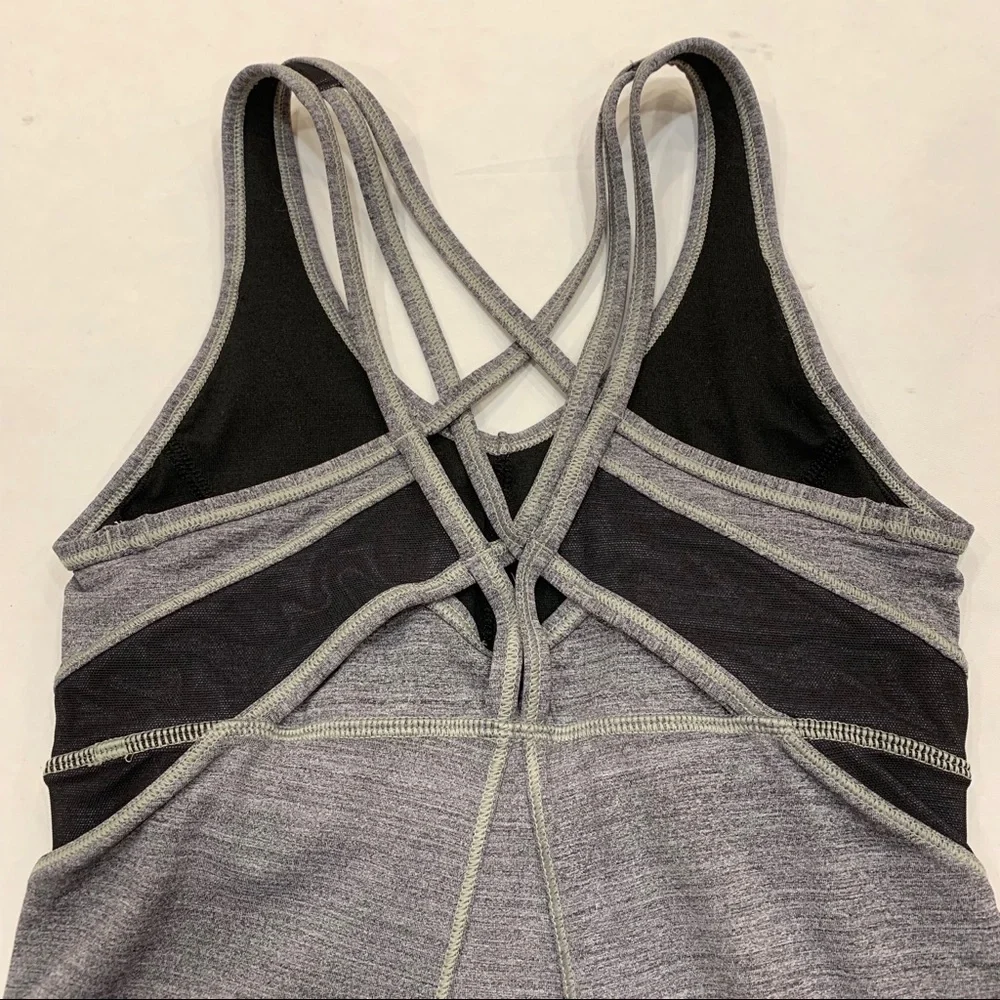 Lululemon Strap It Like It’s Hot Tank Gray Black Mesh Criss Cross Back Size 4
